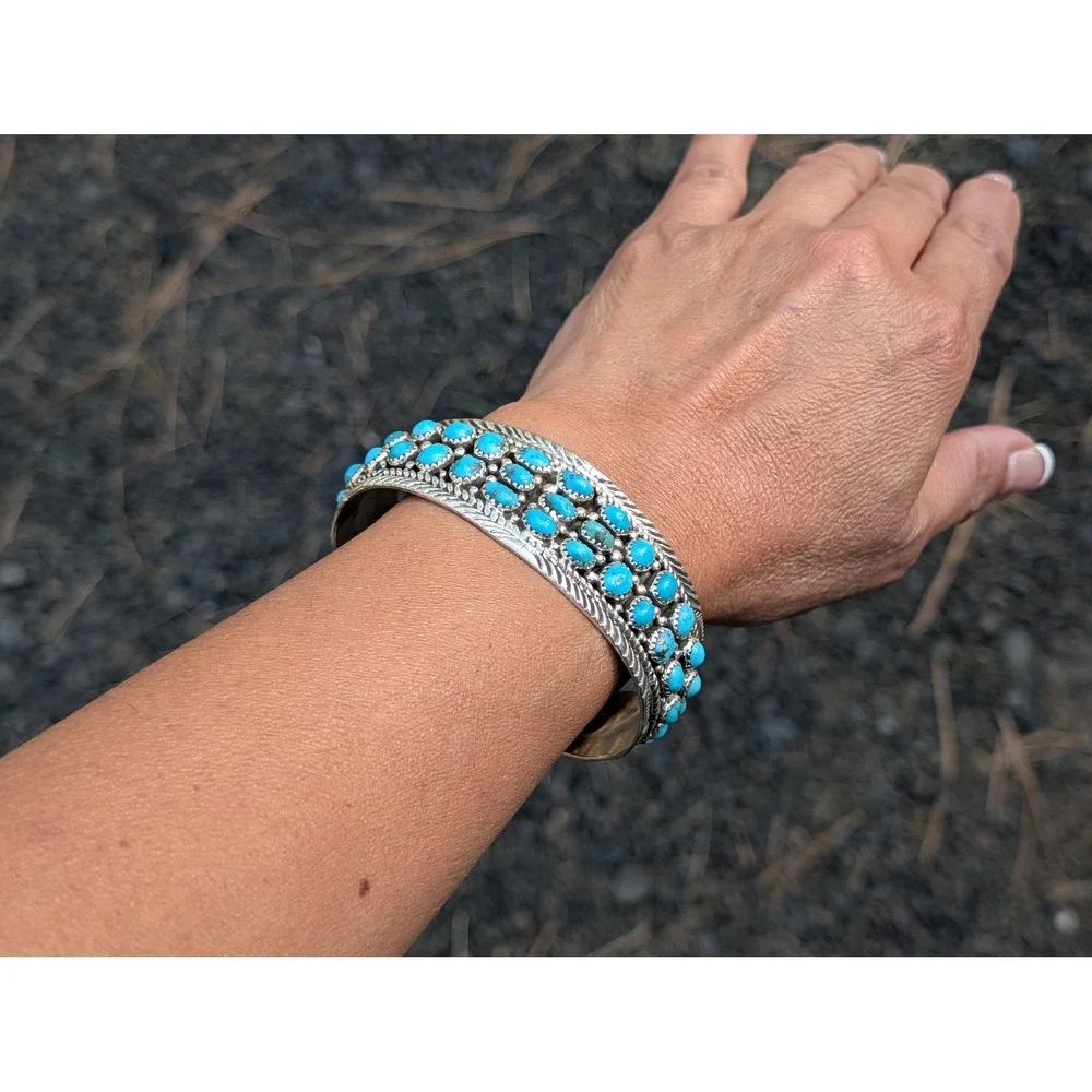 Navajo Turquoise Cluster Bracelet by Marlena‎ Jones Sterling Silver Sz 7.25in